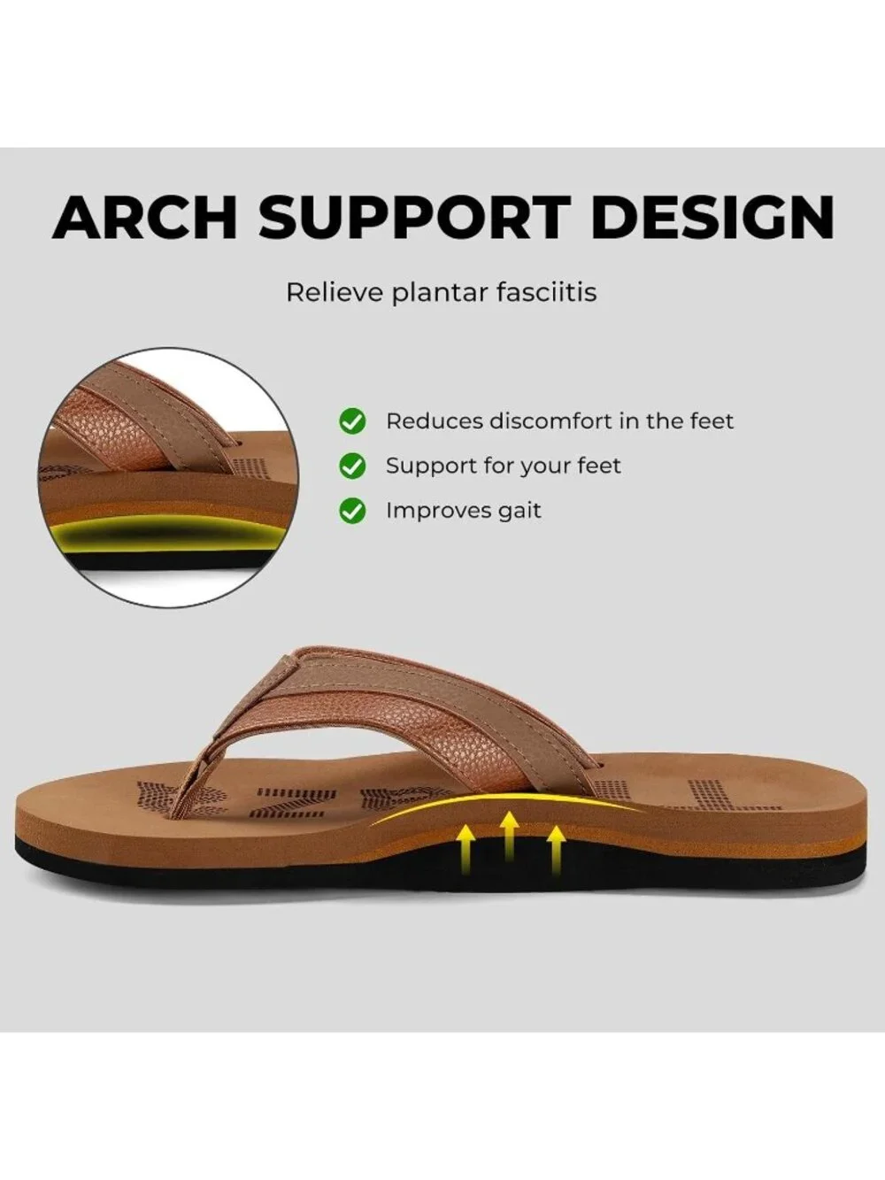 Men's Khaki Flip Flops With Arch Support Summer Outdoor Beach Sandals